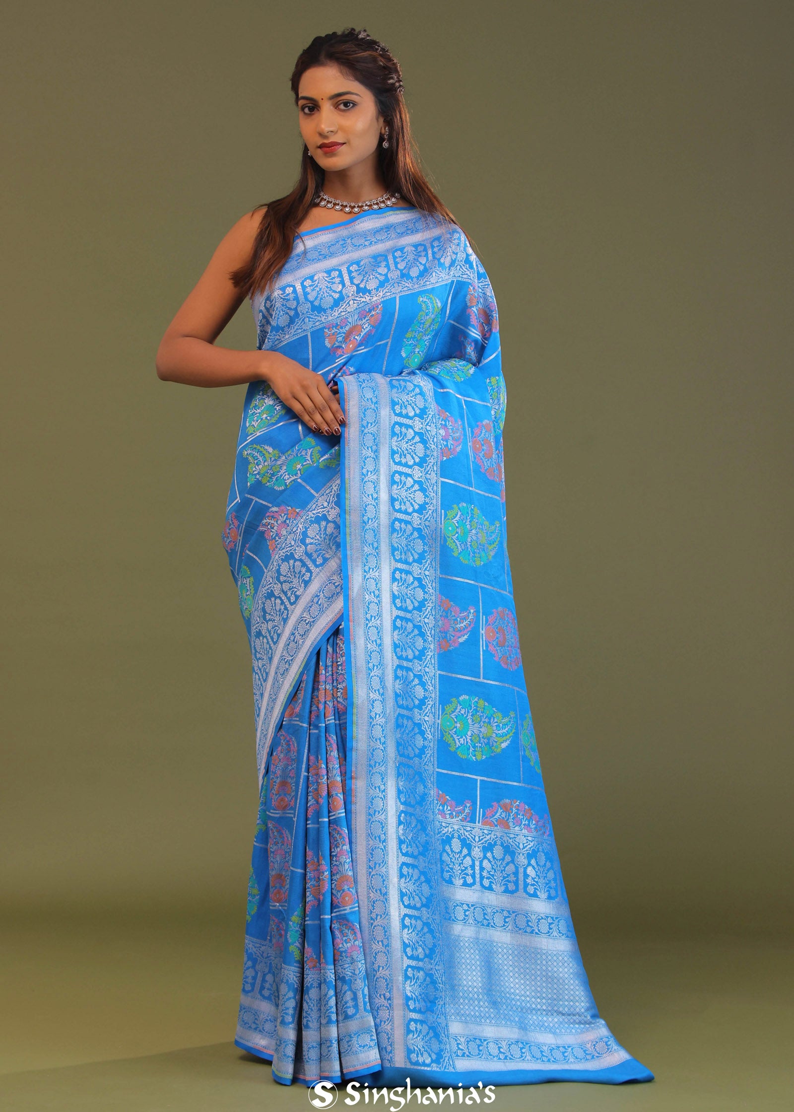 Blue Munga Banarasi Tussar Saree With Paisley And Meenakari Design