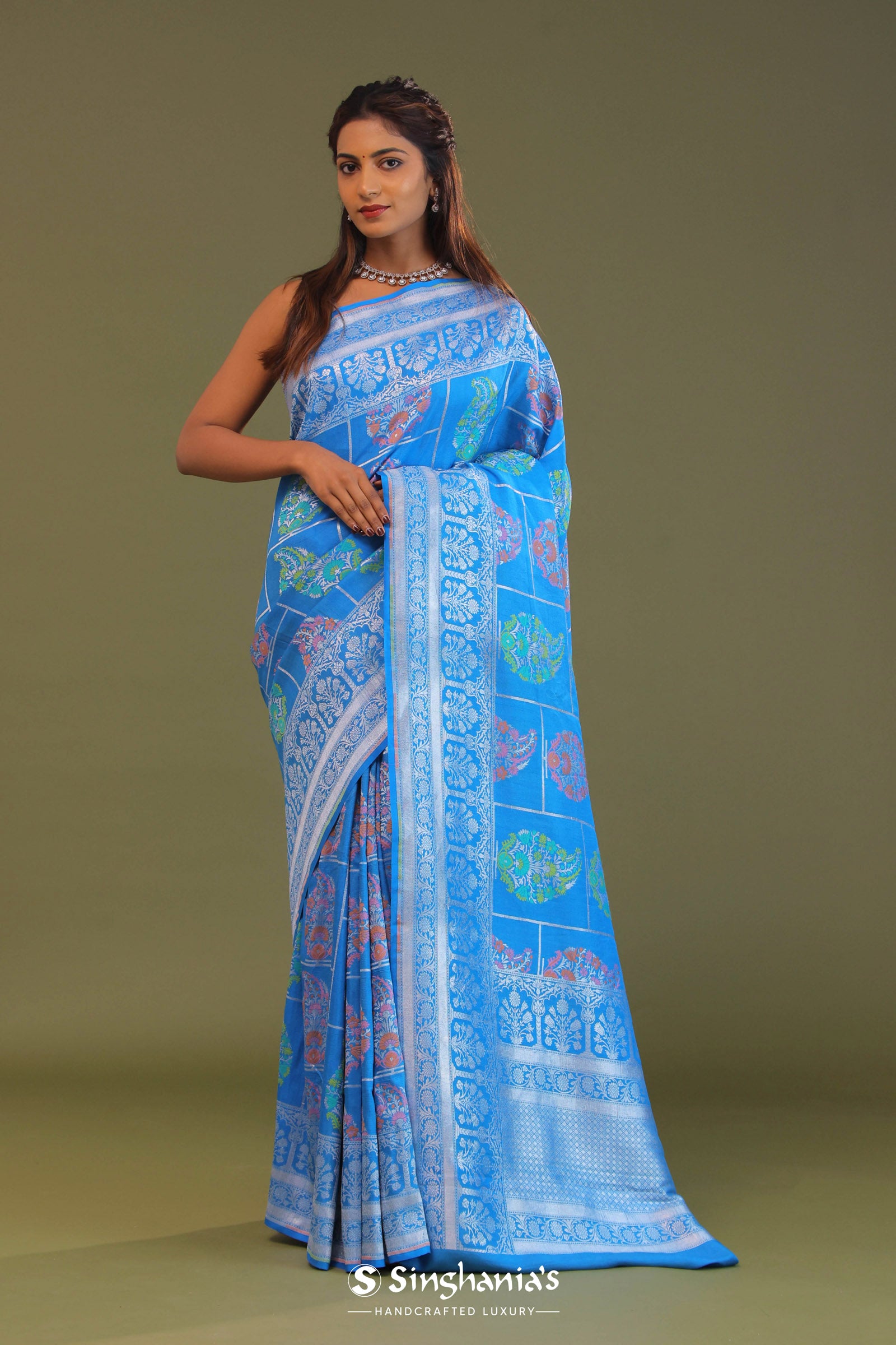 Blue Munga Banarasi Tussar Saree With Paisley And Meenakari Design