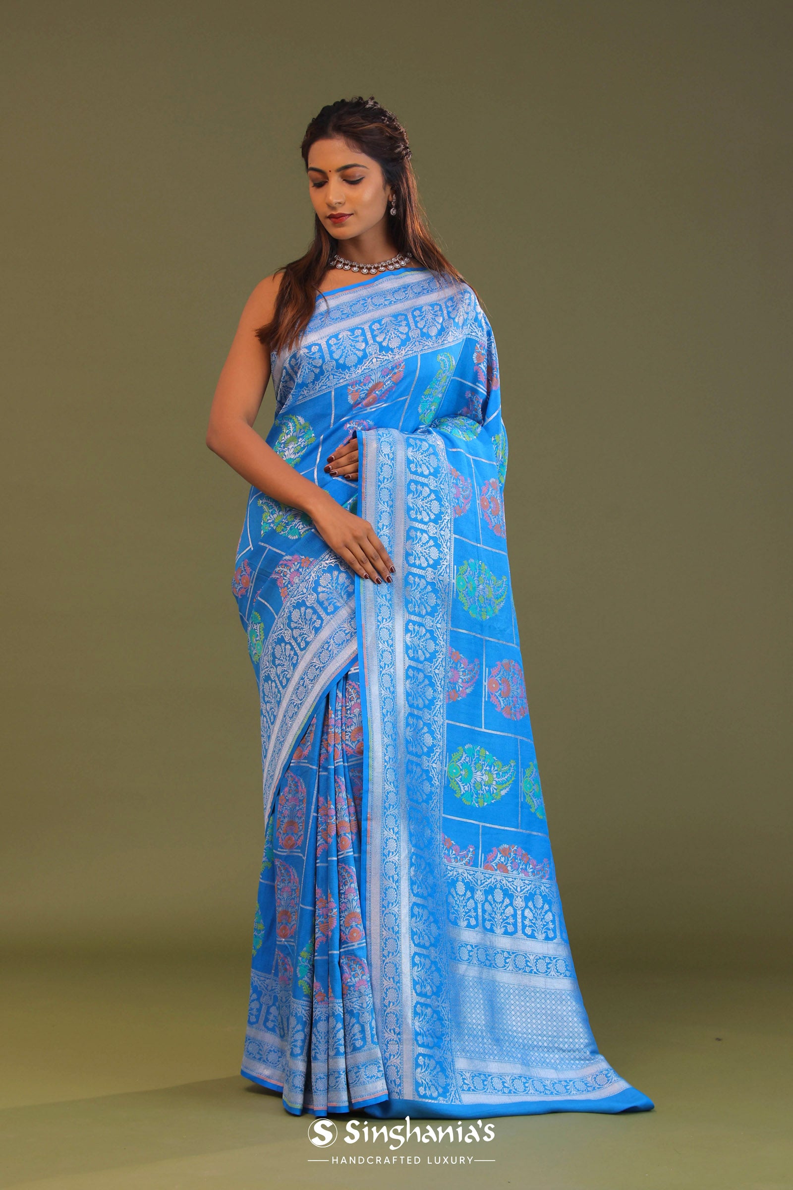 Blue Munga Banarasi Tussar Saree With Paisley And Meenakari Design