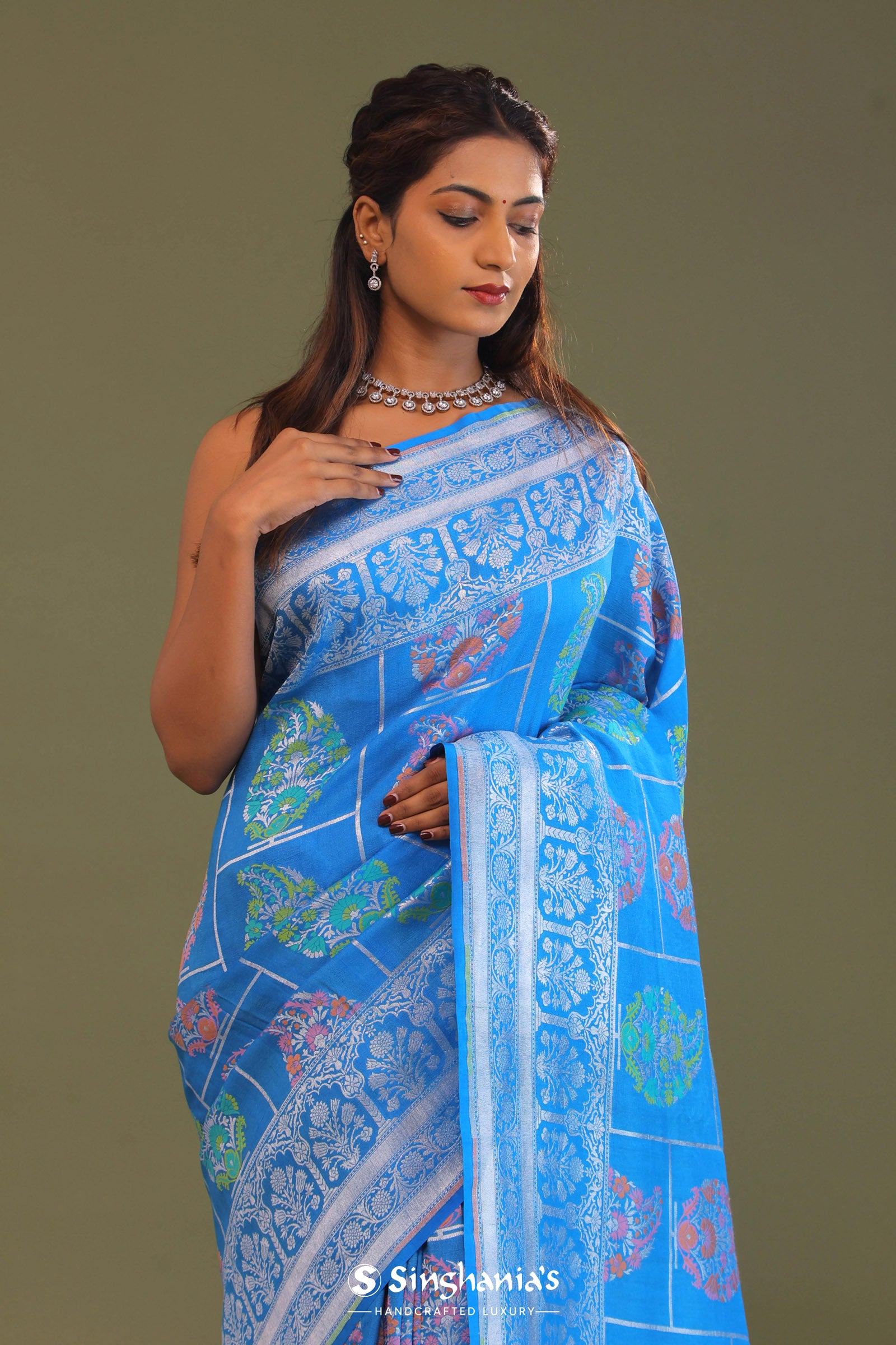 Blue Munga Banarasi Tussar Saree With Paisley And Meenakari Design