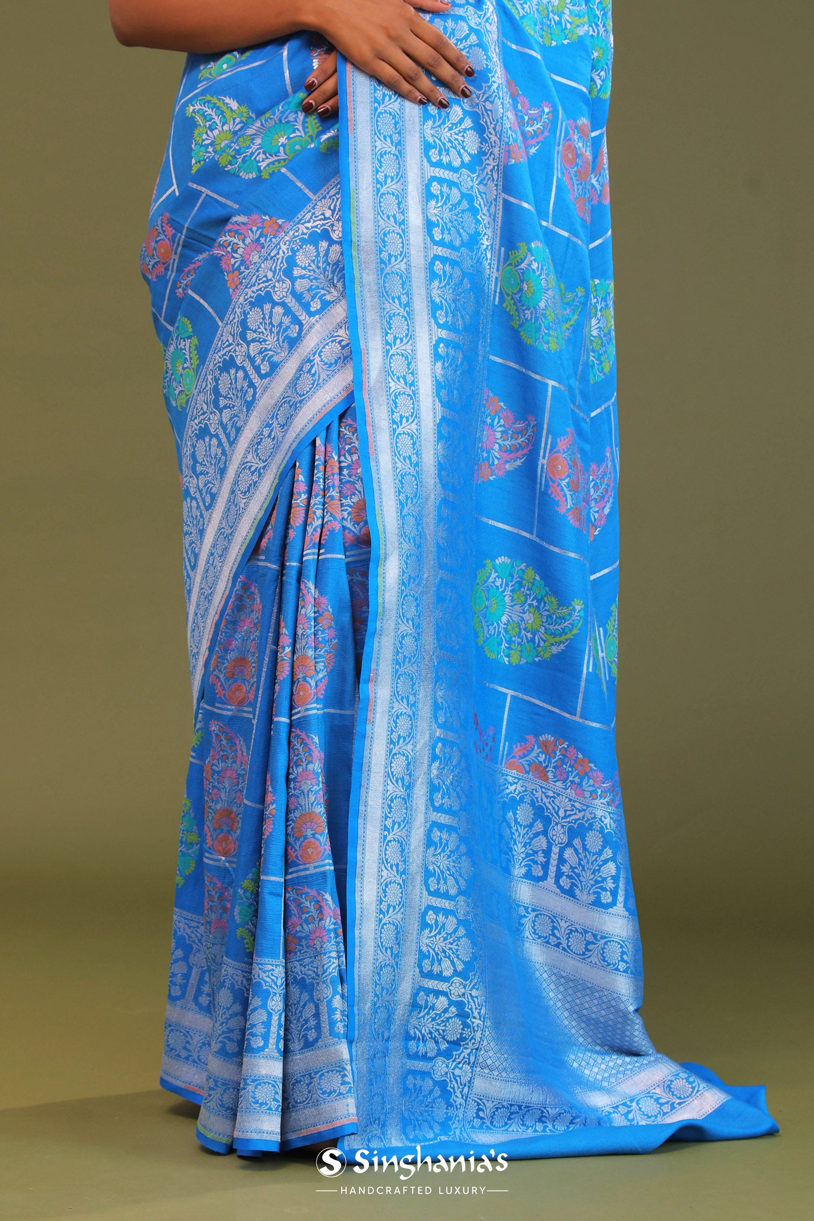 Blue Munga Banarasi Tussar Saree With Paisley And Meenakari Design