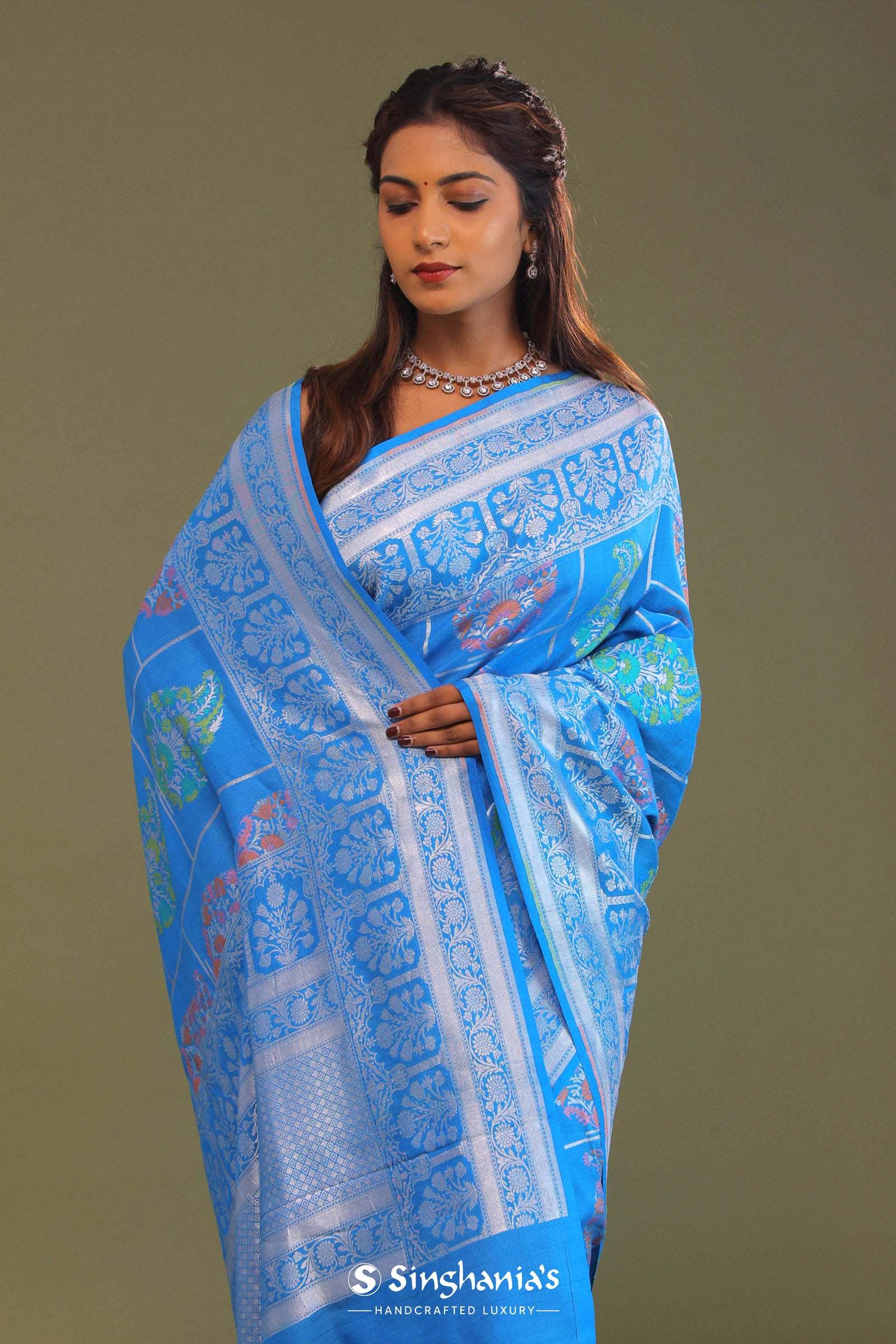 Blue Munga Banarasi Tussar Saree With Paisley And Meenakari Design