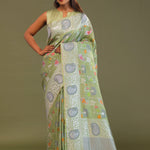 Pistachio Green Munga Banarasi Tussar Saree With Abstract Border