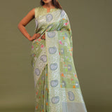 Pistachio Green Munga Banarasi Tussar Saree With Abstract Border