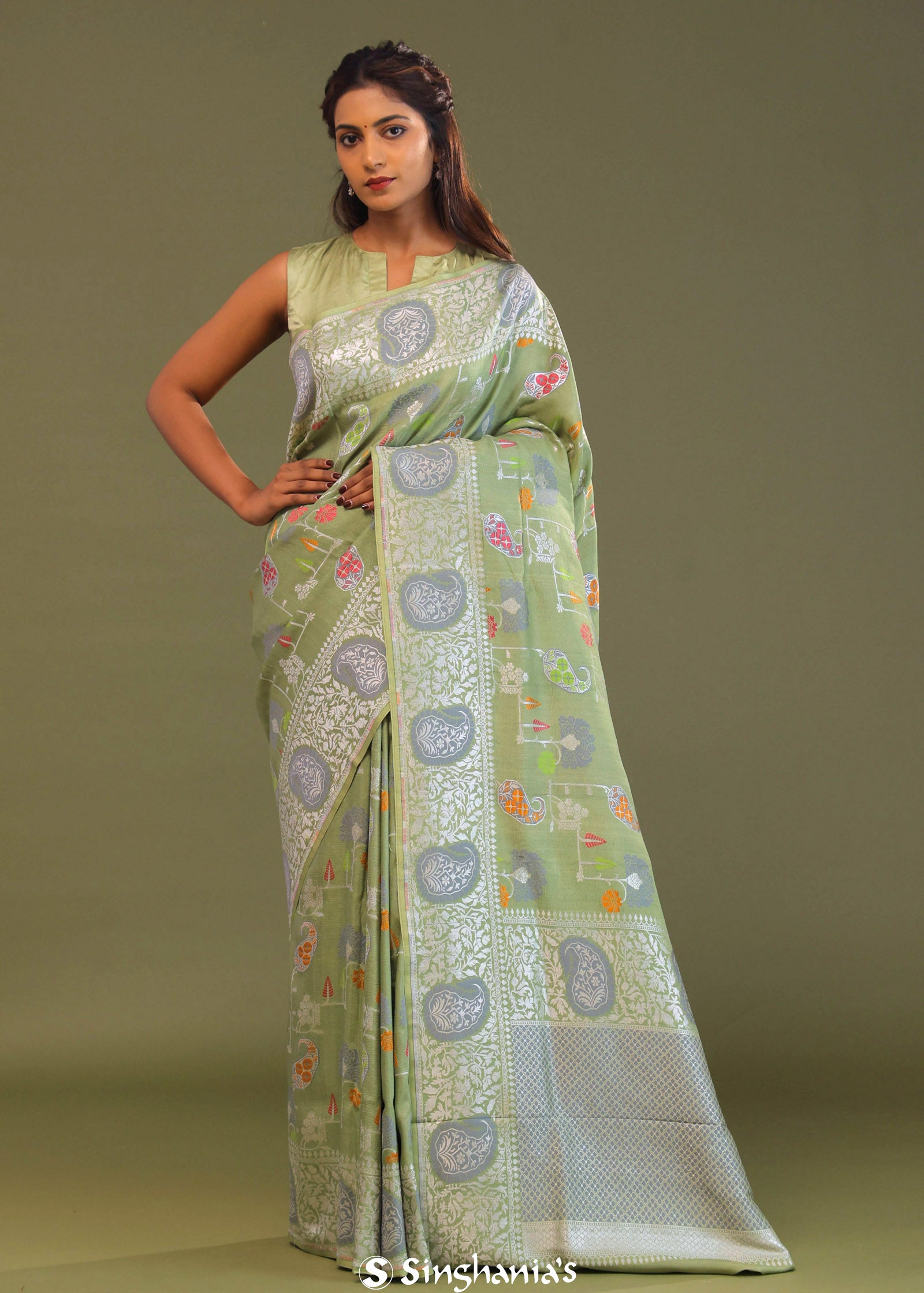 Pistachio Green Munga Banarasi Tussar Saree With Abstract Border