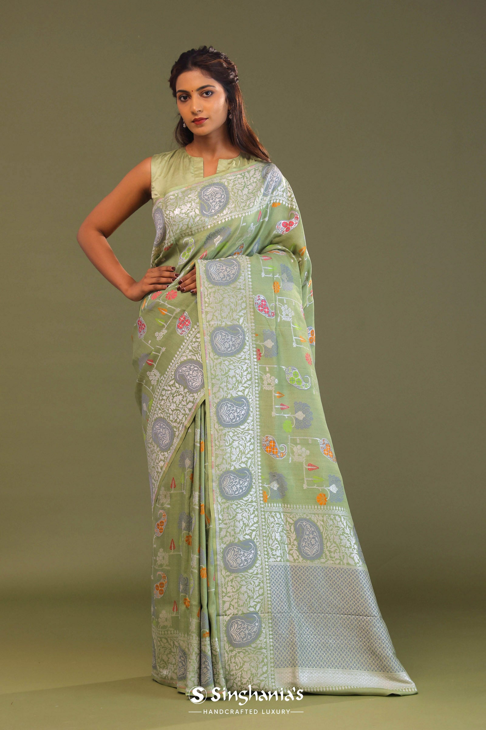 Pistachio Green Munga Banarasi Tussar Saree With Abstract Border