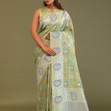 Pistachio Green Munga Banarasi Tussar Saree With Abstract Border