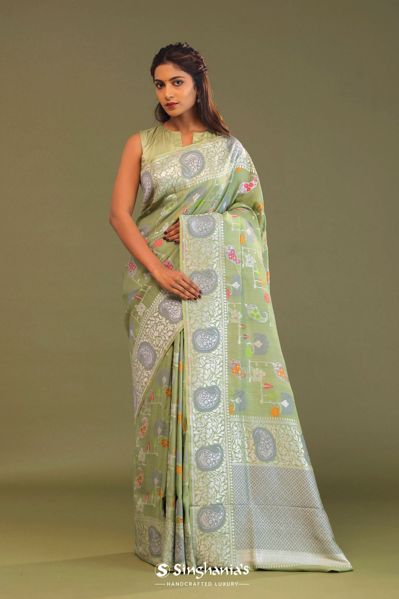 Pistachio Green Munga Banarasi Tussar Saree With Abstract Border