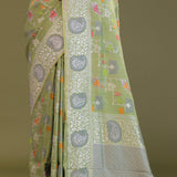 Pistachio Green Munga Banarasi Tussar Saree With Abstract Border