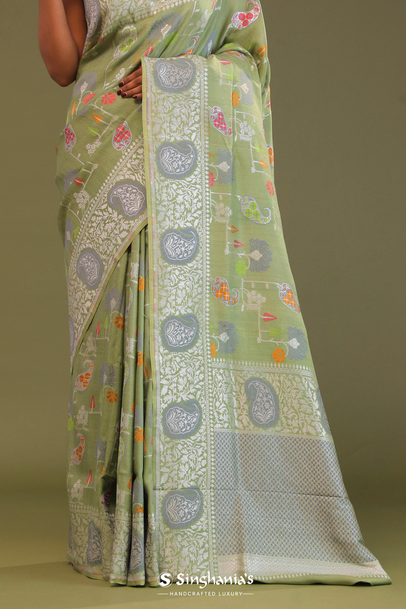 Pistachio Green Munga Banarasi Tussar Saree With Abstract Border