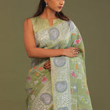 Pistachio Green Munga Banarasi Tussar Saree With Abstract Border