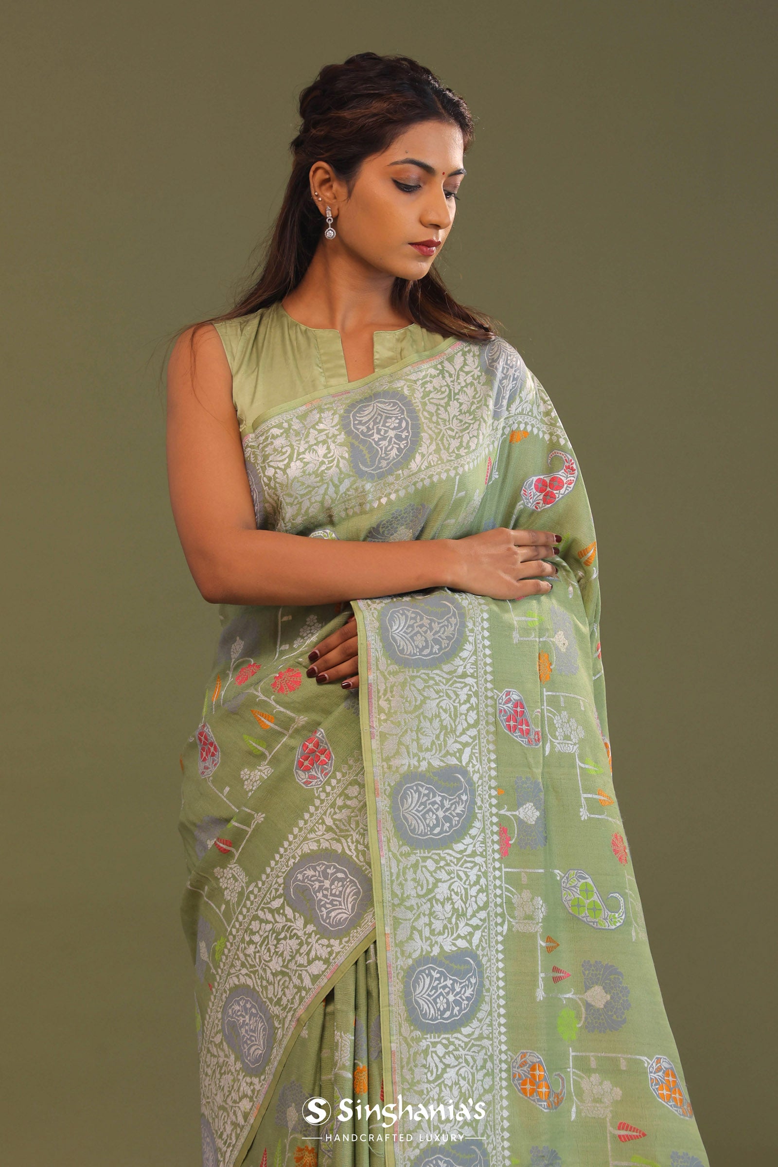 Pistachio Green Munga Banarasi Tussar Saree With Abstract Border