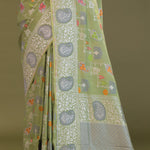 Pistachio Green Munga Banarasi Tussar Saree With Abstract Border