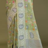 Pistachio Green Munga Banarasi Tussar Saree With Abstract Border