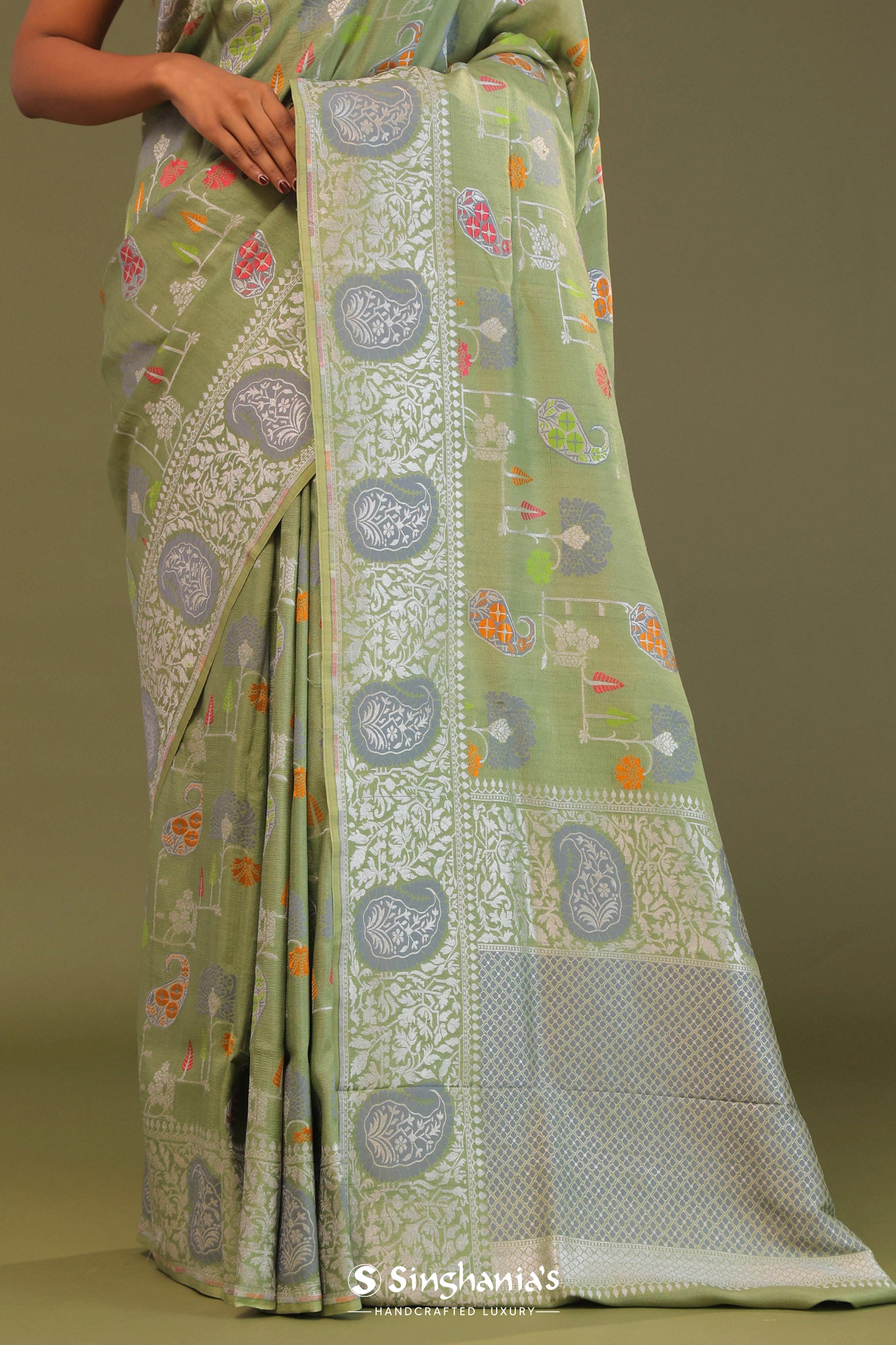 Pistachio Green Munga Banarasi Tussar Saree With Abstract Border