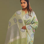 Pistachio Green Munga Banarasi Tussar Saree With Abstract Border