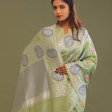 Pistachio Green Munga Banarasi Tussar Saree With Abstract Border