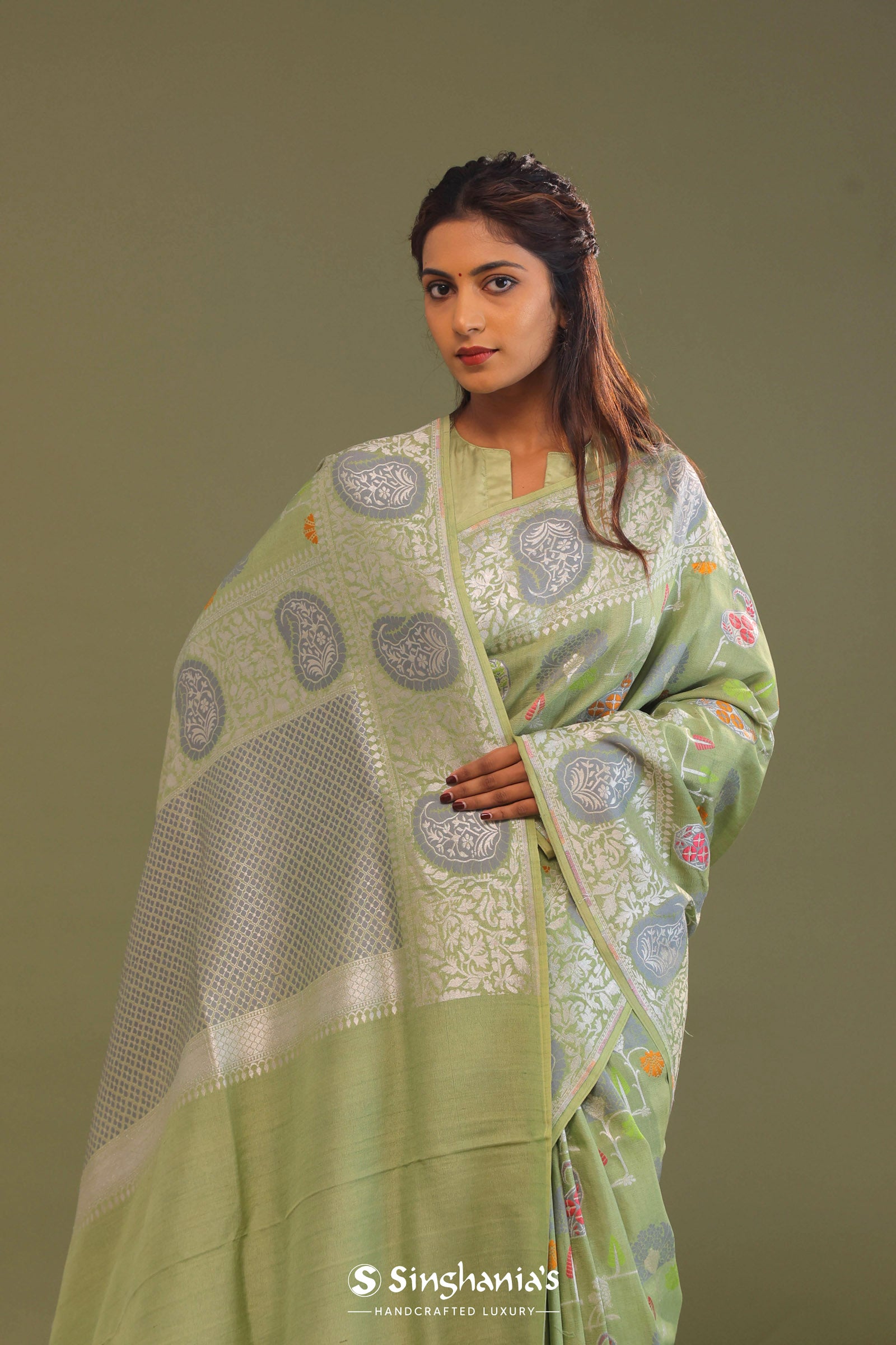 Pistachio Green Munga Banarasi Tussar Saree With Abstract Border