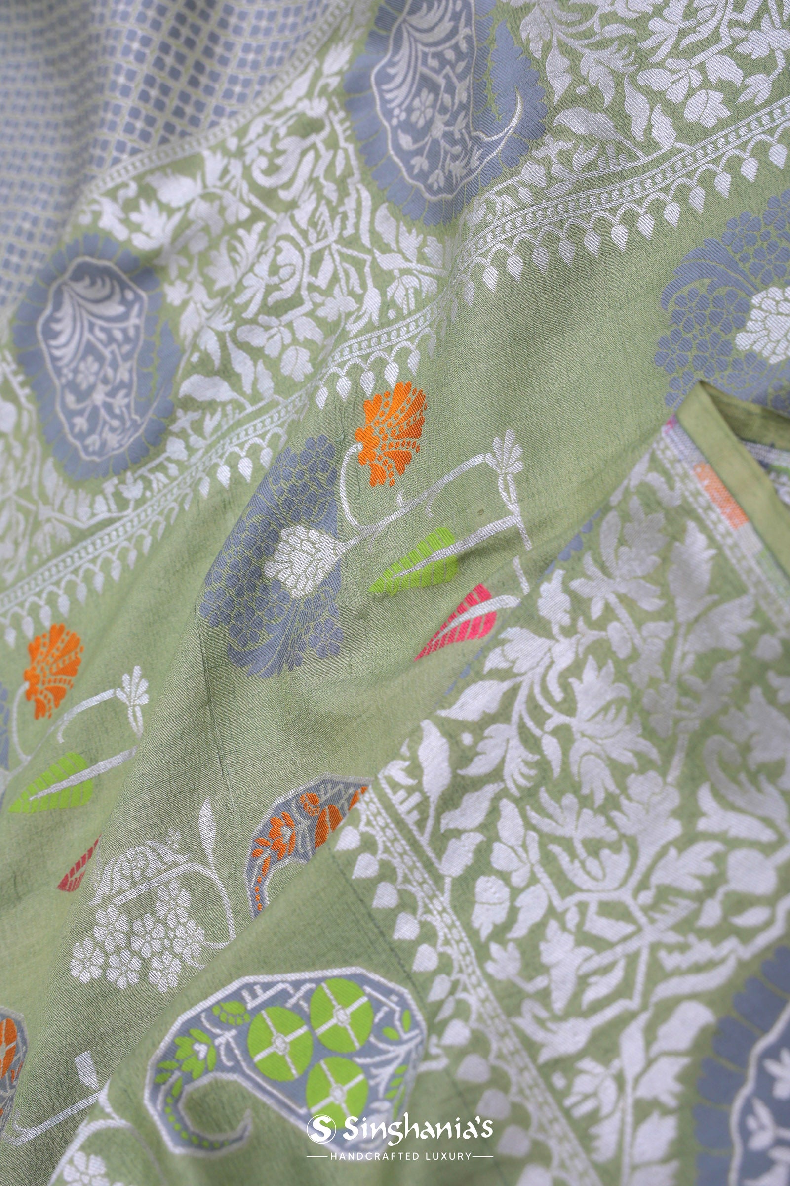 Pistachio Green Munga Banarasi Tussar Saree With Abstract Border