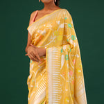 Tangarine Yellow Banarasi Tussar Saree With Floral Jaal