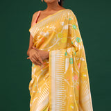 Tangarine Yellow Banarasi Tussar Saree With Floral Jaal