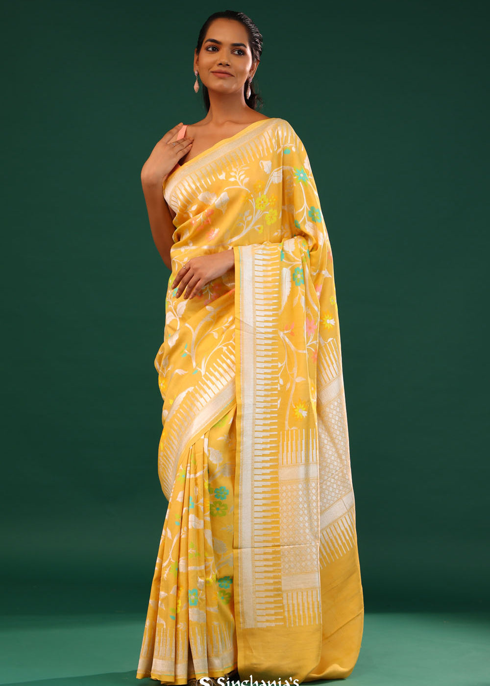 Tangarine Yellow Banarasi Tussar Saree With Floral Jaal