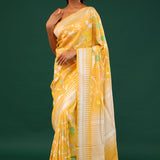 Tangarine Yellow Banarasi Tussar Saree With Floral Jaal