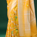 Tangarine Yellow Banarasi Tussar Saree With Floral Jaal