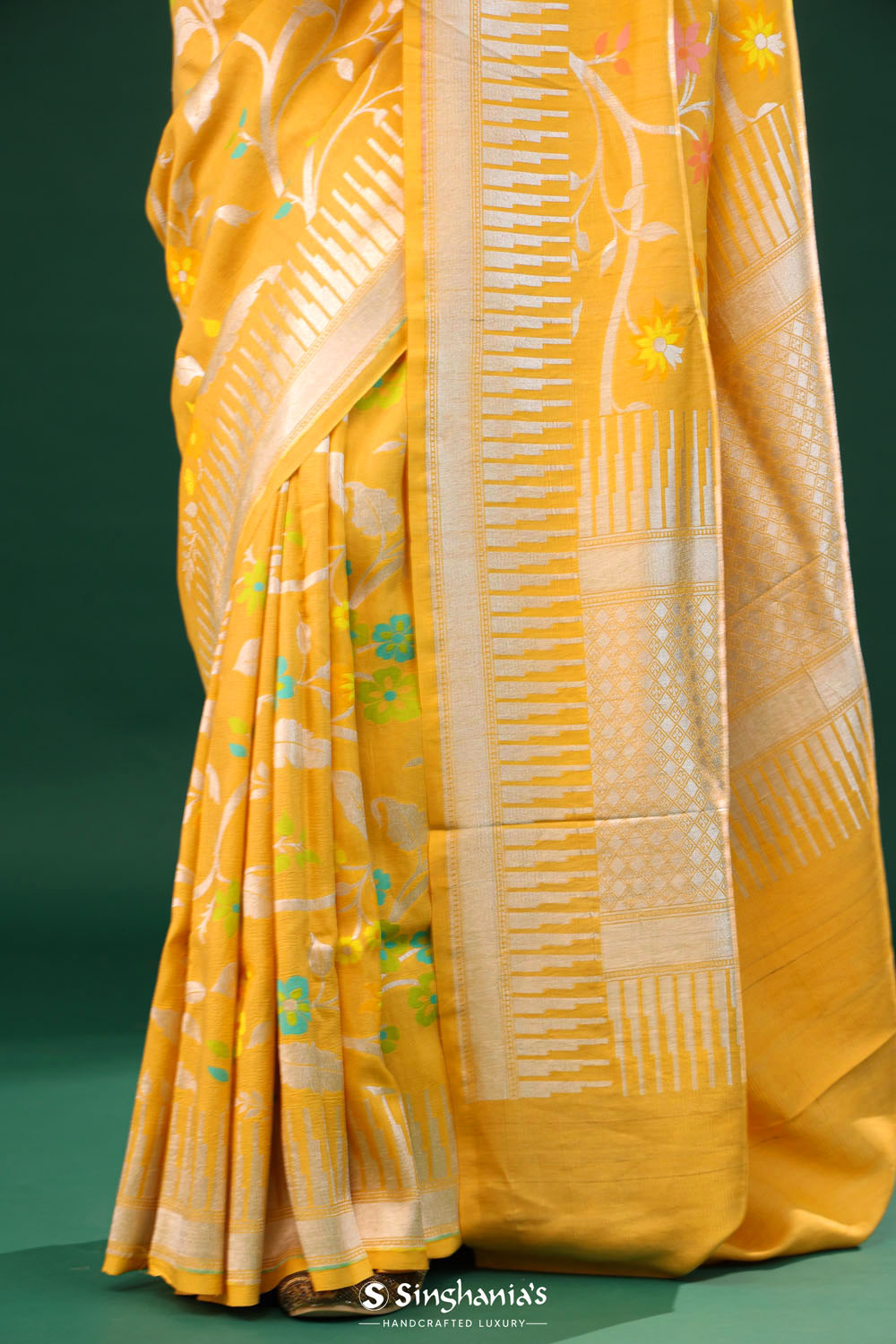 Tangarine Yellow Banarasi Tussar Saree With Floral Jaal