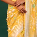 Tangarine Yellow Banarasi Tussar Saree With Floral Jaal