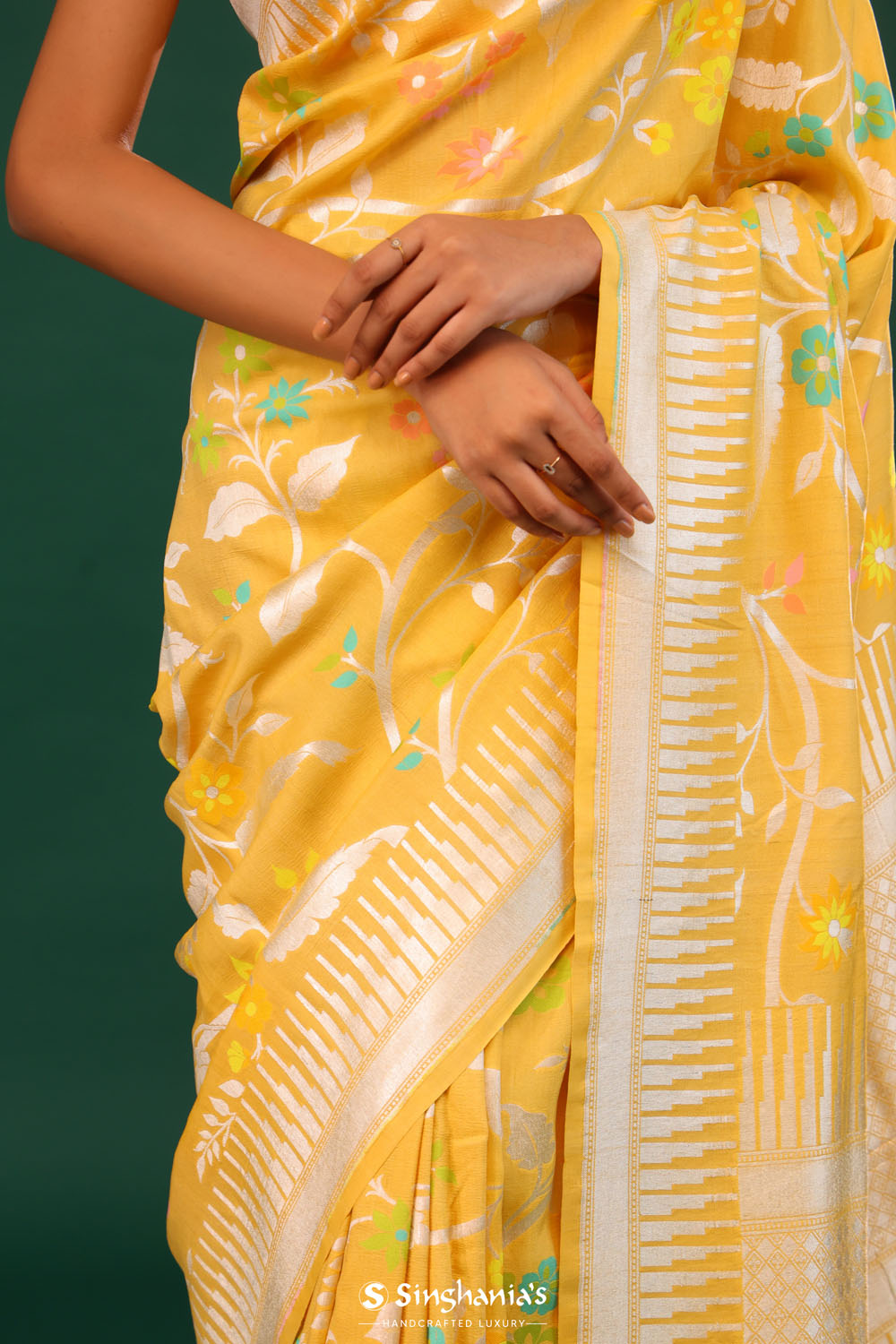 Tangarine Yellow Banarasi Tussar Saree With Floral Jaal