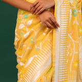 Tangarine Yellow Banarasi Tussar Saree With Floral Jaal
