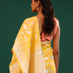 Tangarine Yellow Banarasi Tussar Saree With Floral Jaal