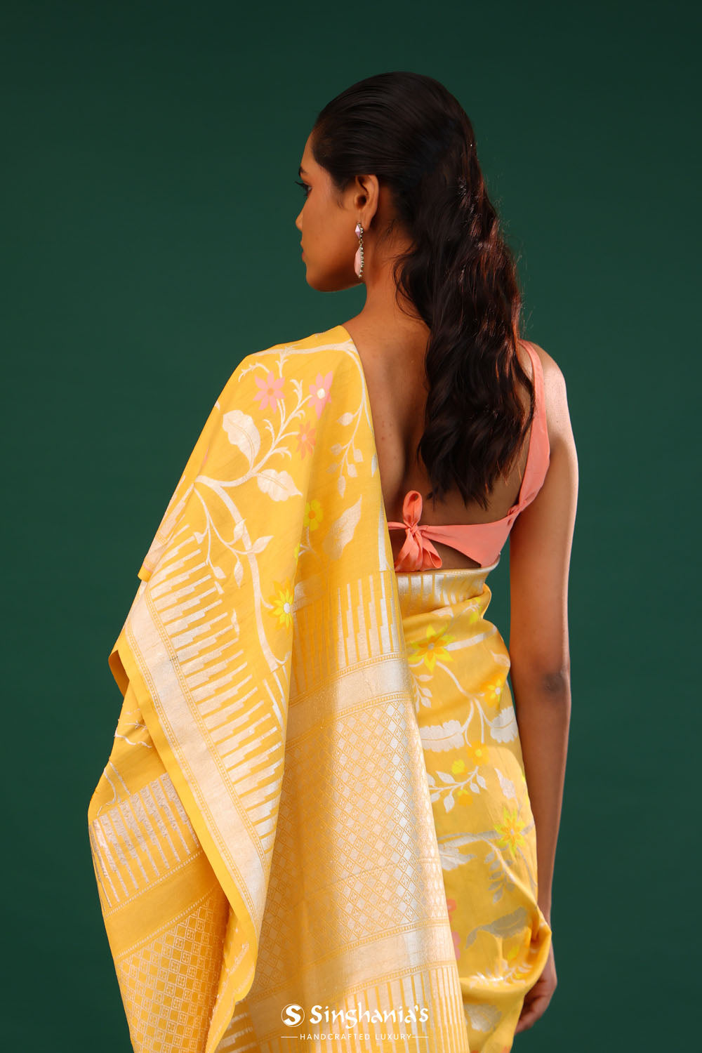 Tangarine Yellow Banarasi Tussar Saree With Floral Jaal