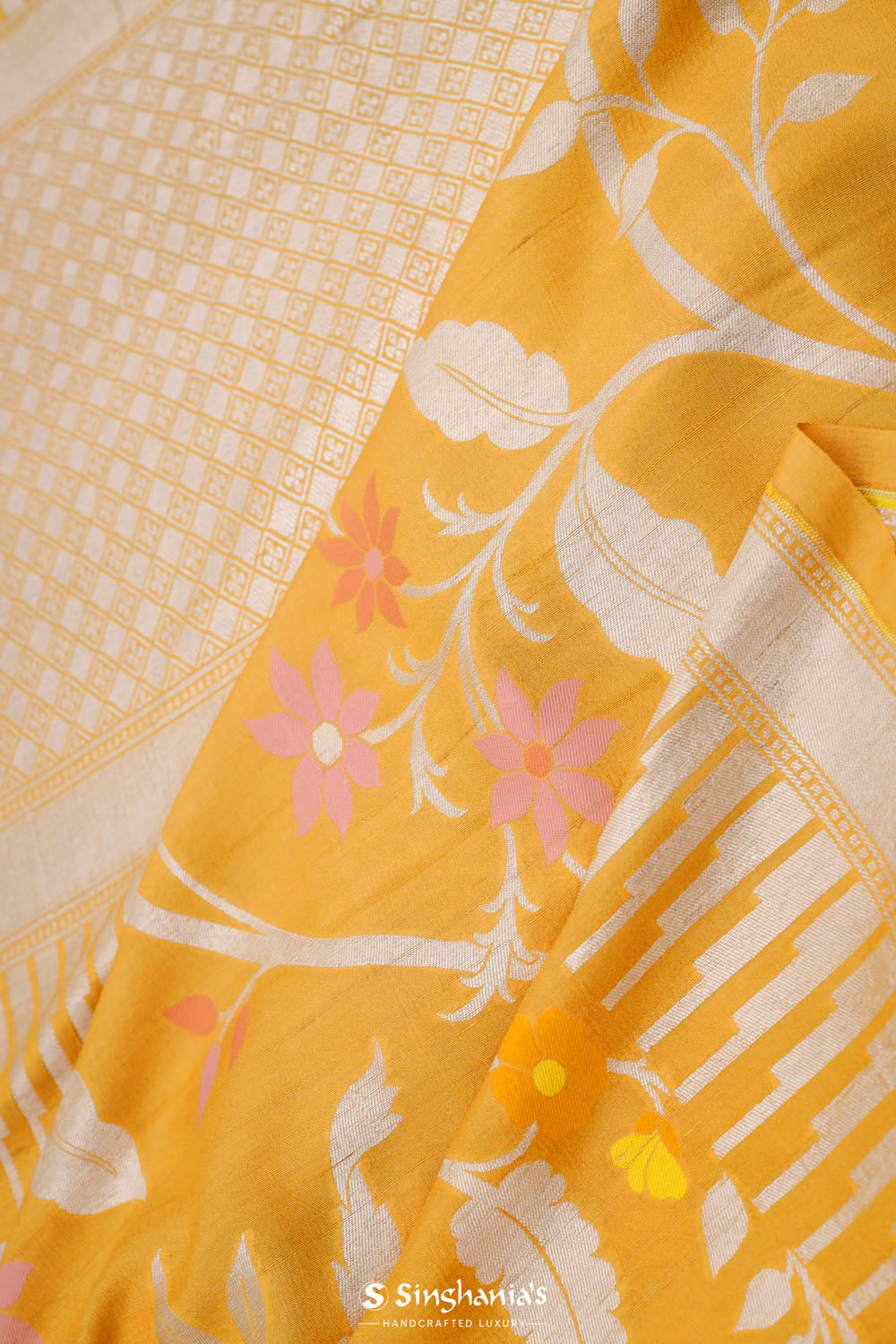 Tangarine Yellow Banarasi Tussar Saree With Floral Jaal