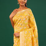 Mikado Yellow Banarasi Tussar Saree With Floral Jaal