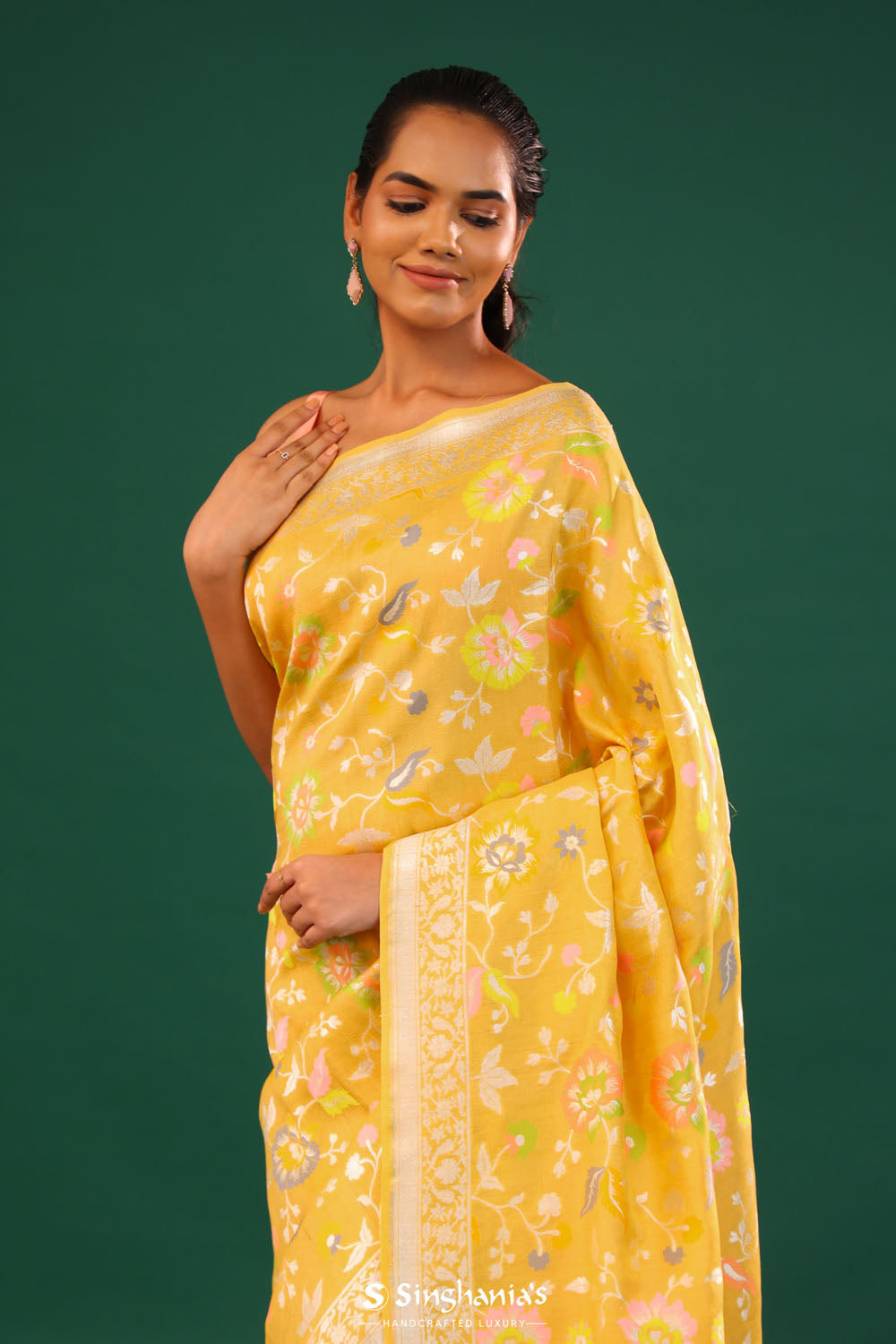 Mikado Yellow Banarasi Tussar Saree With Floral Jaal