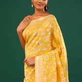 Mikado Yellow Banarasi Tussar Saree With Floral Jaal