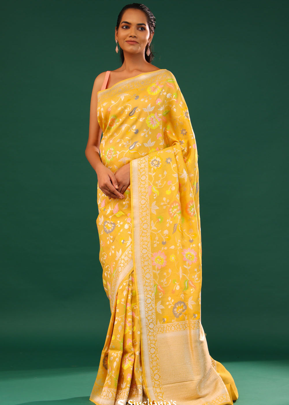 Mikado Yellow Banarasi Tussar Saree With Floral Jaal