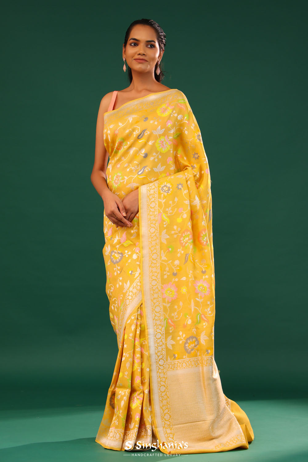 Mikado Yellow Banarasi Tussar Saree With Floral Jaal