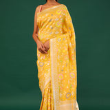 Mikado Yellow Banarasi Tussar Saree With Floral Jaal