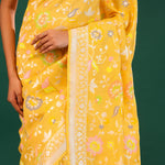 Mikado Yellow Banarasi Tussar Saree With Floral Jaal
