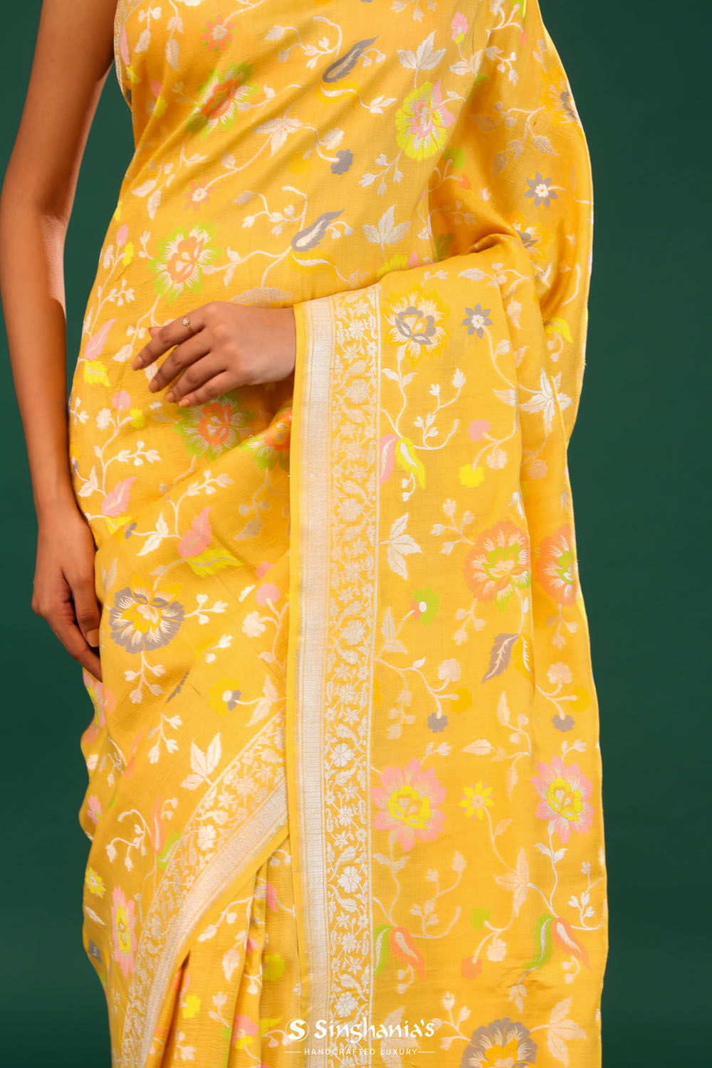 Mikado Yellow Banarasi Tussar Saree With Floral Jaal