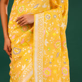 Mikado Yellow Banarasi Tussar Saree With Floral Jaal