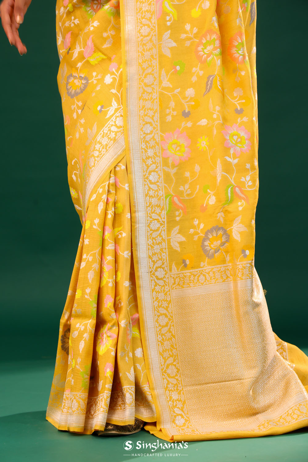 Mikado Yellow Banarasi Tussar Saree With Floral Jaal
