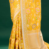 Mikado Yellow Banarasi Tussar Saree With Floral Jaal