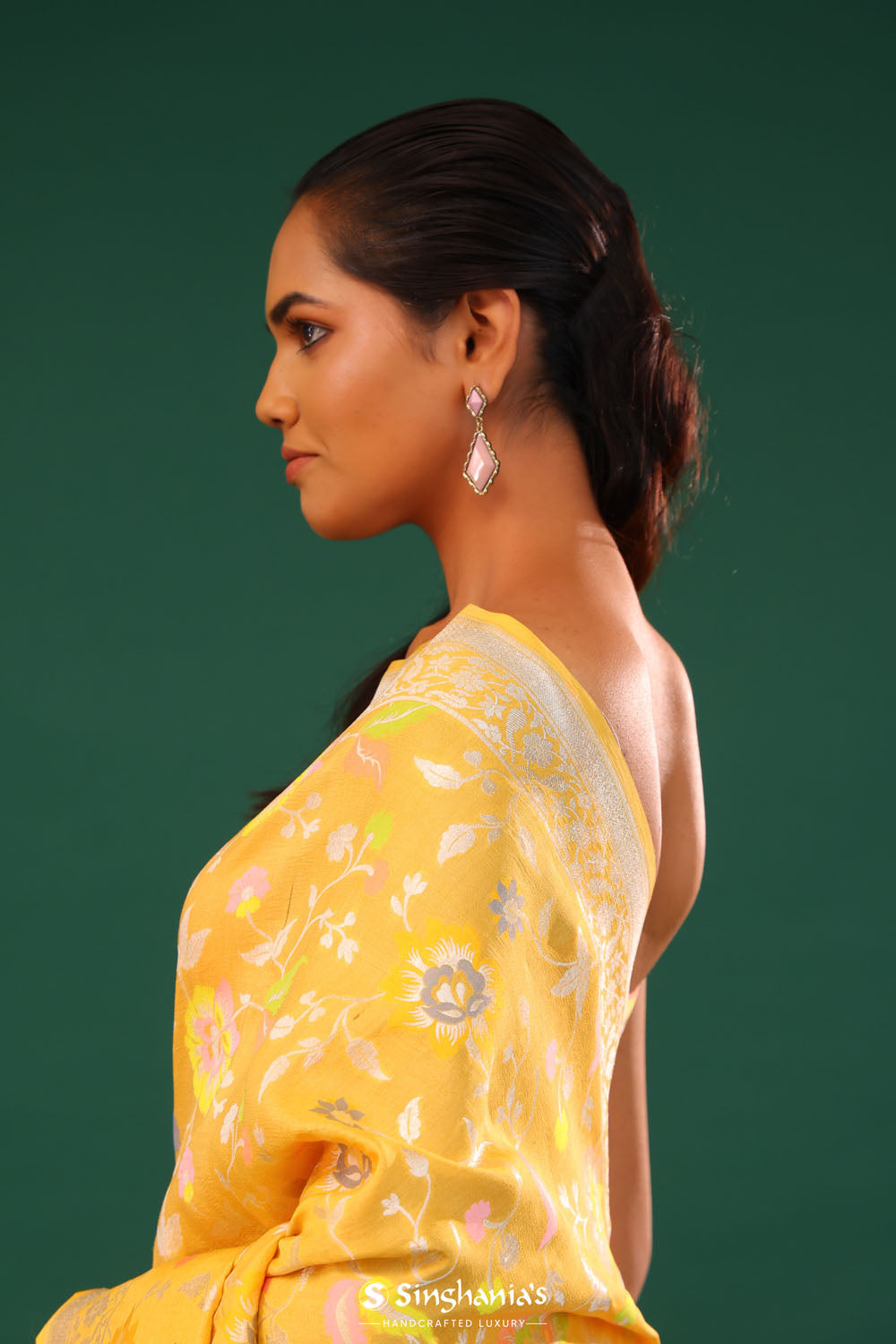 Mikado Yellow Banarasi Tussar Saree With Floral Jaal