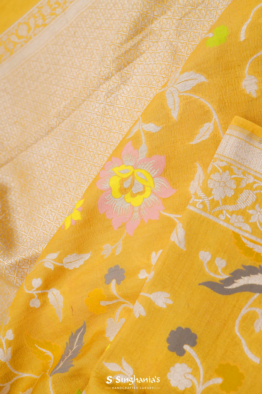 Mikado Yellow Banarasi Tussar Saree With Floral Jaal