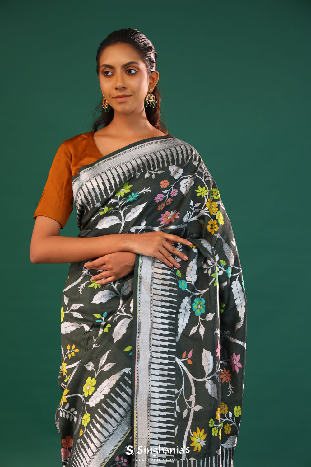 Feldgrau Green Banarasi Tussar Saree With Floral Jaal