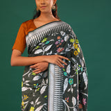 Feldgrau Green Banarasi Tussar Saree With Floral Jaal